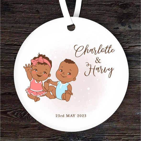 New Baby Girl & Boy Dark Skin Twins Personalised Gift Keepsake Hanging Ornament