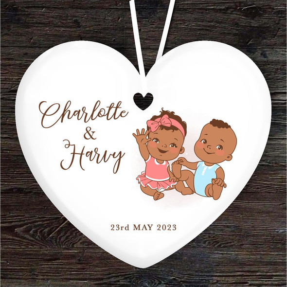 New Baby Girl And Boy Dark Skin Twins Heart Personalised Gift Hanging Ornament