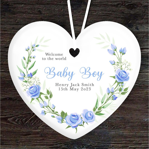 Welcome New Baby Boy Blue Rose Wreath Heart Personalised Gift Hanging Ornament