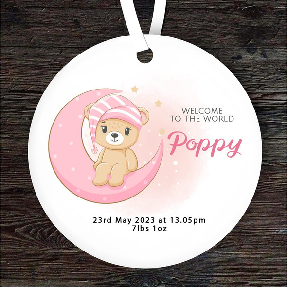 New Baby Girl Pink Bear Moon Stars Personalised Gift Keepsake Hanging Ornament