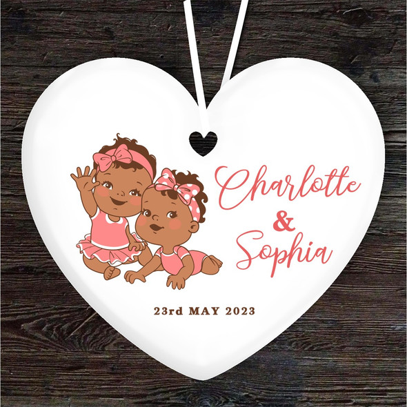 New Baby Girl Dark Skin Twin Heart Personalised Gift Keepsake Hanging Ornament