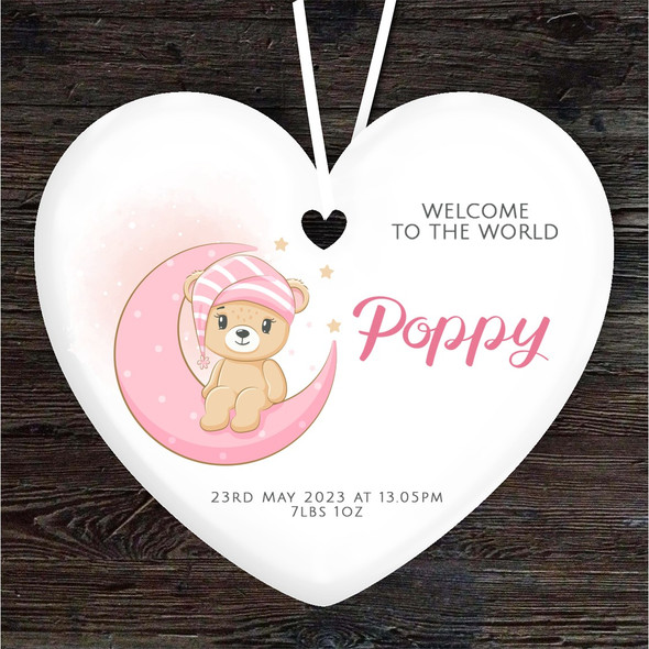 New Baby Girl Pink Bear Moon Heart Personalised Gift Keepsake Hanging Ornament