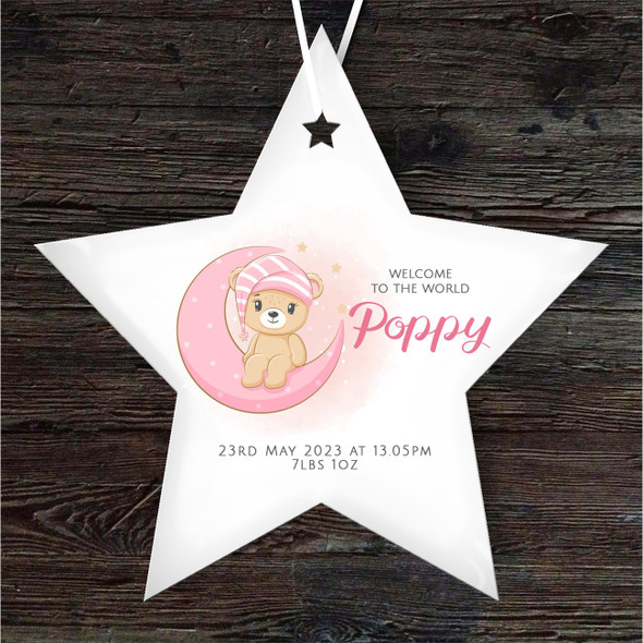 New Baby Girl Pink Bear Birth Details Star Personalised Gift Hanging Ornament