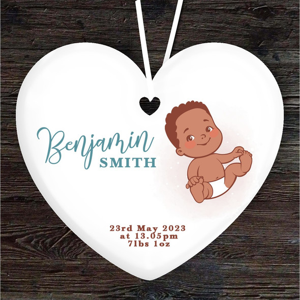 New Baby Boy Dark Skin Birth Details Heart Personalised Gift Hanging Ornament