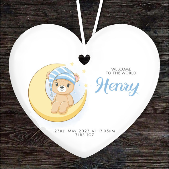 New Baby Boy Blue Bear Moon Heart Personalised Gift Keepsake Hanging Ornament