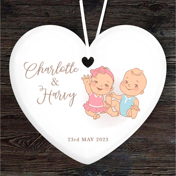 New Baby Girl And Boy Twins Heart Personalised Gift Keepsake Hanging Ornament
