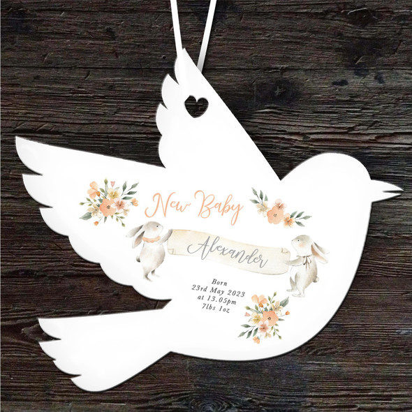New Baby Peach Rabbit Bird Personalised Gift Keepsake Hanging Ornament Plaque