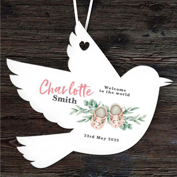 Welcome New Baby Girl Shoes Bird Personalised Gift Keepsake Hanging Ornament