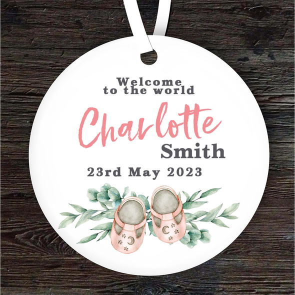 New Baby Girl Shoes Round Personalised Gift Keepsake Hanging Ornament Plaque