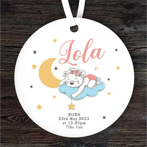 New Baby Girl Sleeping Bear Moon & Stars Personalised Gift Hanging Ornament