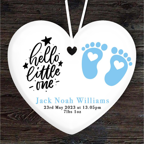 Hello New Baby Boy Blue Footprints Heart Personalised Gift Hanging Ornament