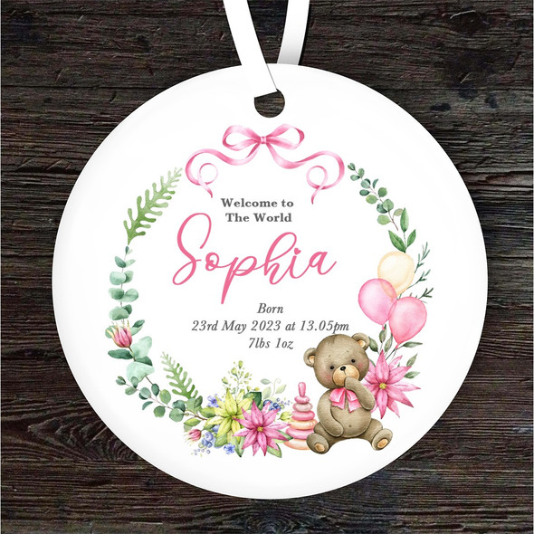 New Baby Pink Wreath Teddy Bear Personalised Gift Keepsake Hanging Ornament