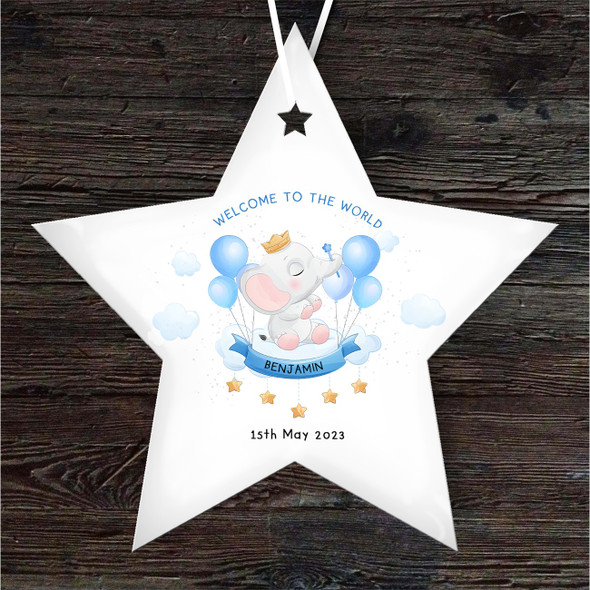 Welcome New Baby Boy Blue Elephant Star Personalised Gift Hanging Ornament