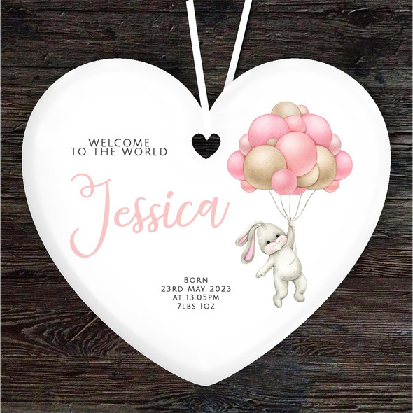 New Baby Girl Bunny Pink Balloon Heart Personalised Gift Hanging Ornament