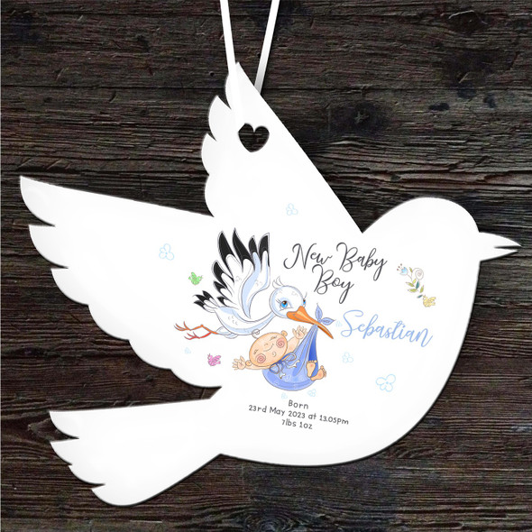 New Baby Boy Stork Birth Details Bird Personalised Gift Hanging Ornament