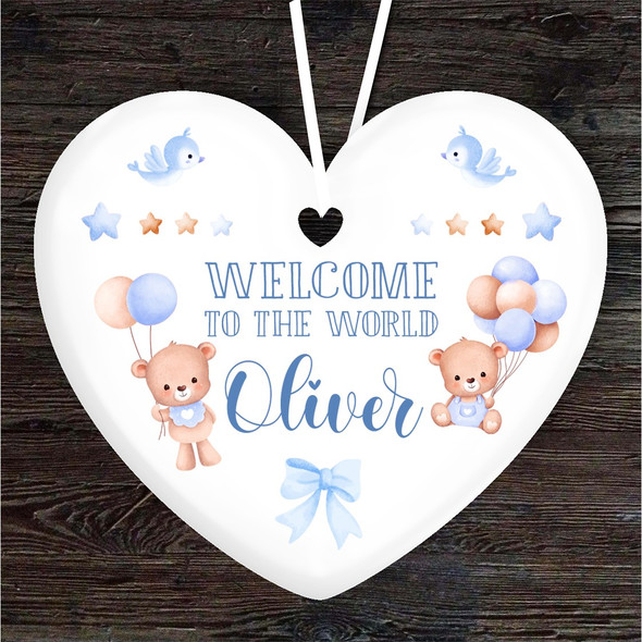 Welcome New Baby Boy Blue Bears Heart Personalised Gift Hanging Ornament