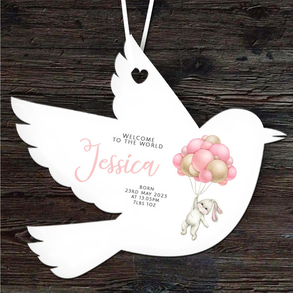 New Baby Girl Bunny Pink Balloon Bird Personalised Gift Hanging Ornament