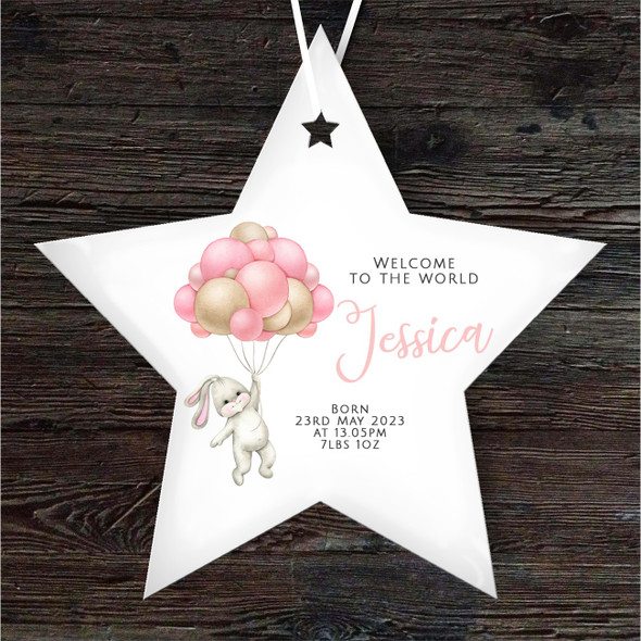 New Baby Girl Bunny Pink Balloon Star Personalised Gift Hanging Ornament