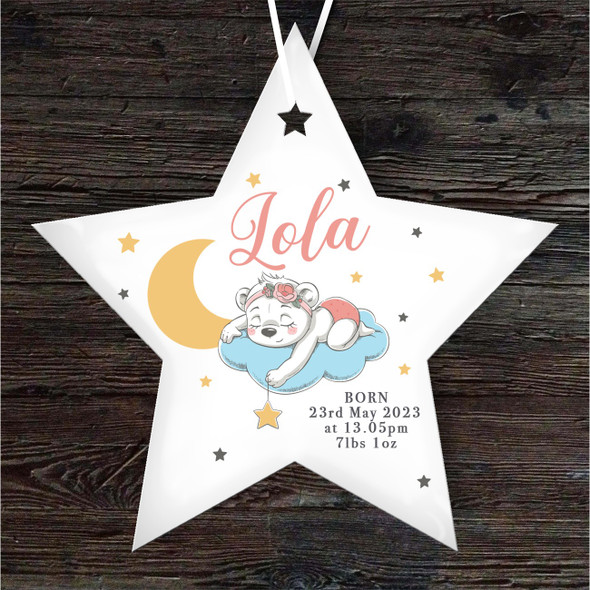 New Baby Girl Sleeping Bear Moon Star Personalised Gift Hanging Ornament
