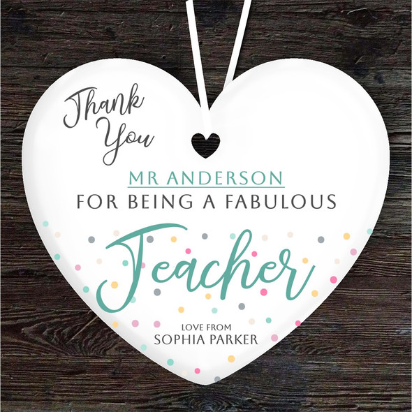 Thank You Fabulous Green Teacher Dots Heart Personalised Gift Hanging Ornament