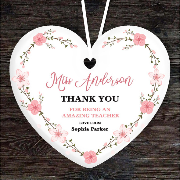 Thank You Teacher Pink Heart Wreath Heart Personalised Gift Hanging Ornament