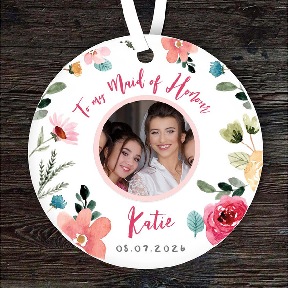 To My Maid Of Honour Photo Wedding Round Personalised Gift Hanging Ornament