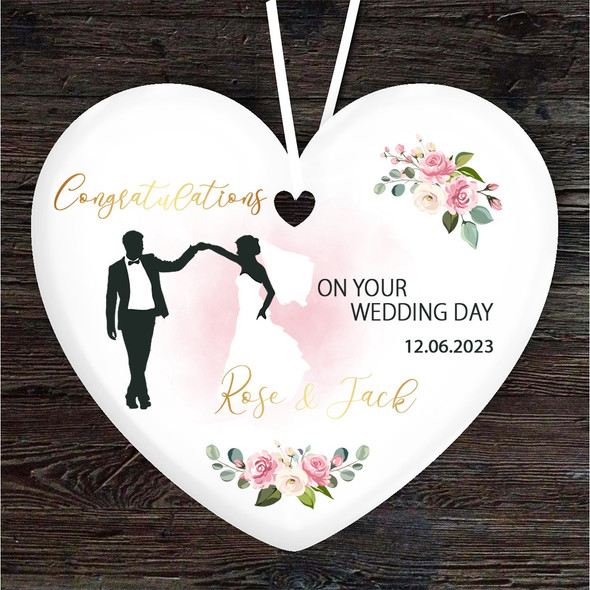 On Your Wedding Day Pink Bride & Groom Heart Personalised Gift Hanging Ornament