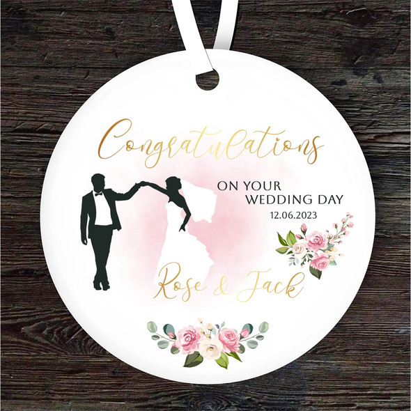 On Your Wedding Day Pink Bride And Groom Personalised Gift Hanging Ornament