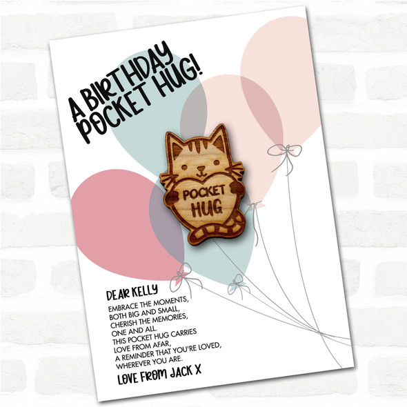 Cat Holding Love Heart Balloons Happy Birthday Personalised Gift Pocket Hug
