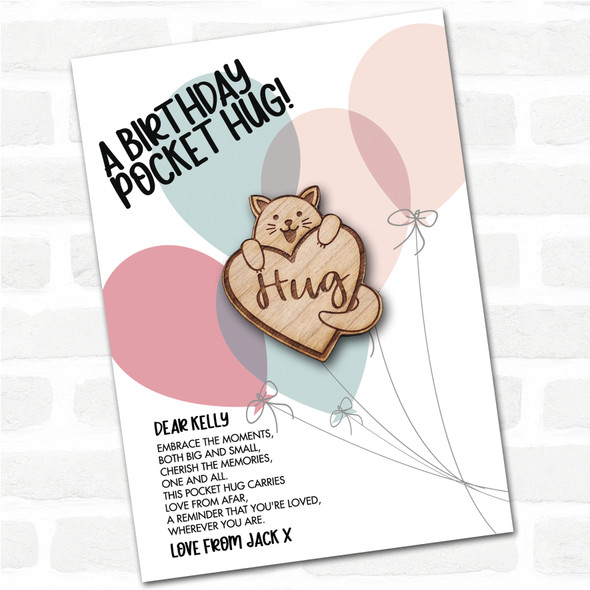 Smiling Cat Love Heart Balloons Happy Birthday Personalised Gift Pocket Hug