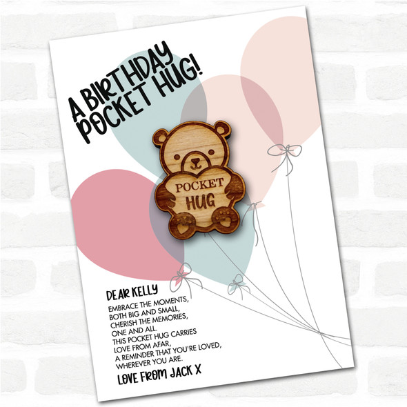 Teddy Bear Holding Heart Balloons Happy Birthday Personalised Gift Pocket Hug