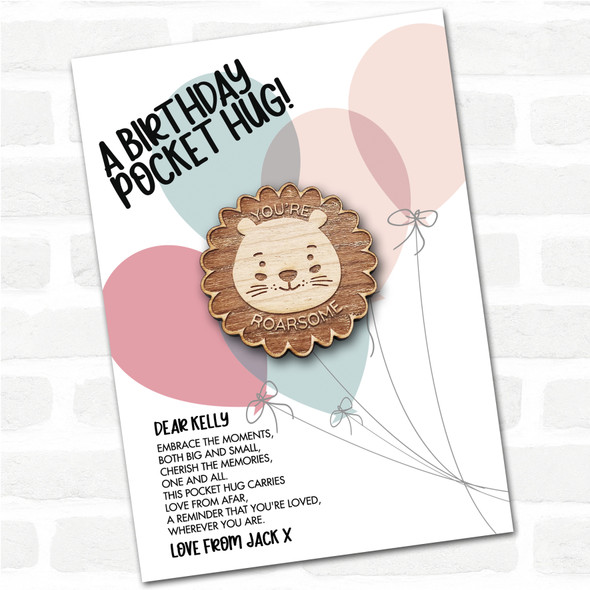 Cute Lion Balloons Happy Birthday Personalised Gift Pocket Hug