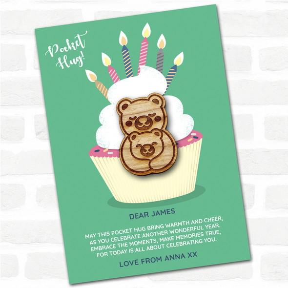 Parent and Baby Bear Cupcake Happy Birthday Personalised Gift Pocket Hug