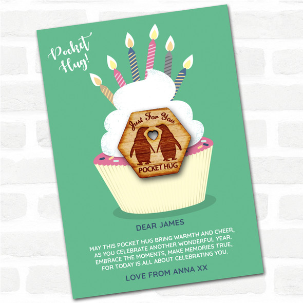 2 Penguins Just For You Cupcake Happy Birthday Personalised Gift Pocket Hug