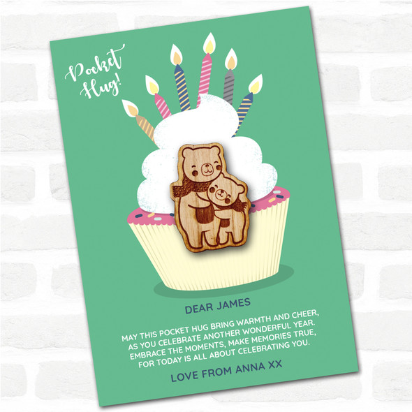 2 Bears In Scarves Cuddling Cupcake Happy Birthday Personalised Gift Pocket Hug