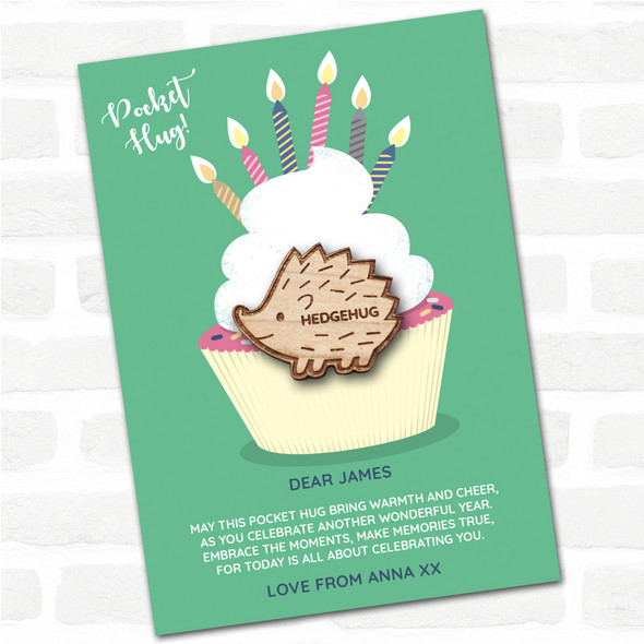 Cute Smiling Hedgehog Cupcake Happy Birthday Personalised Gift Pocket Hug