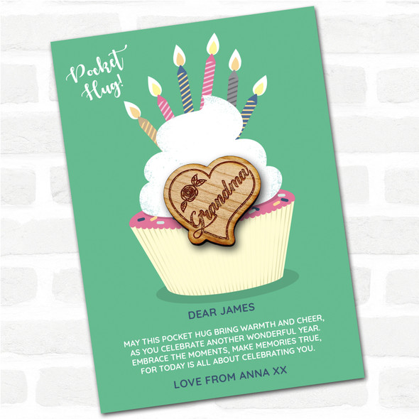 Grandma Heart & Rose Cupcake Happy Birthday Personalised Gift Pocket Hug