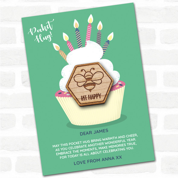 Back Of Flying Bee Cupcake Happy Birthday Personalised Gift Pocket Hug
