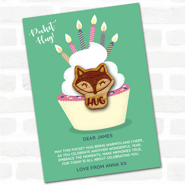 Sleepy Fox Cupcake Happy Birthday Personalised Gift Pocket Hug