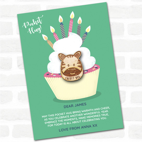 Smiling Zebra Cupcake Happy Birthday Personalised Gift Pocket Hug
