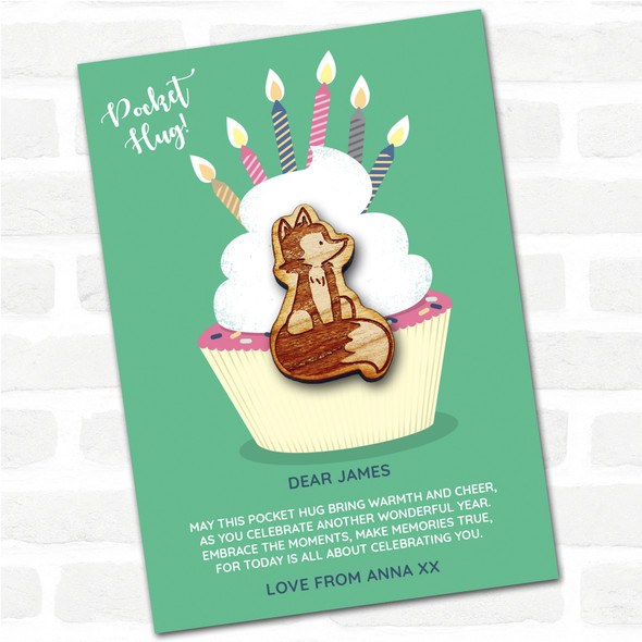 Cute Fox Fluffy Tail Cupcake Happy Birthday Personalised Gift Pocket Hug