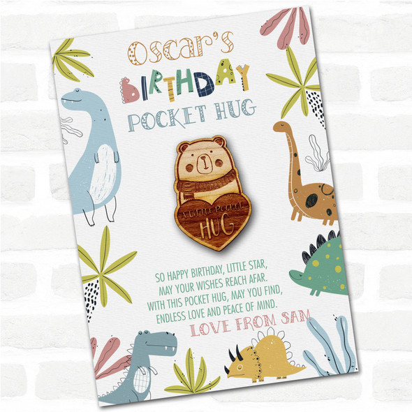 Cute Bear Wearing Scarf Kid's Birthday Dinosaur Personalised Gift Pocket Hug