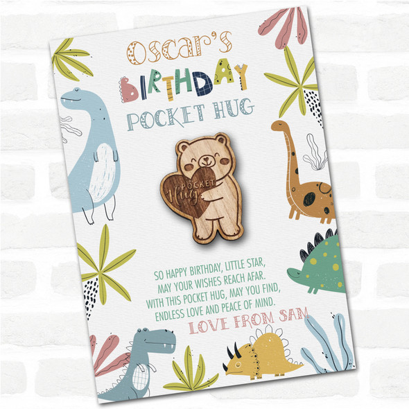 Teddy Bear Heart Kid's Boys Birthday Dinosaur Personalised Gift Pocket Hug