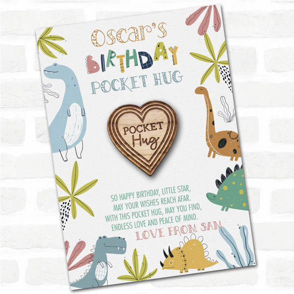 Hearts Pattern Kid's Boys Birthday Dinosaur Personalised Gift Pocket Hug