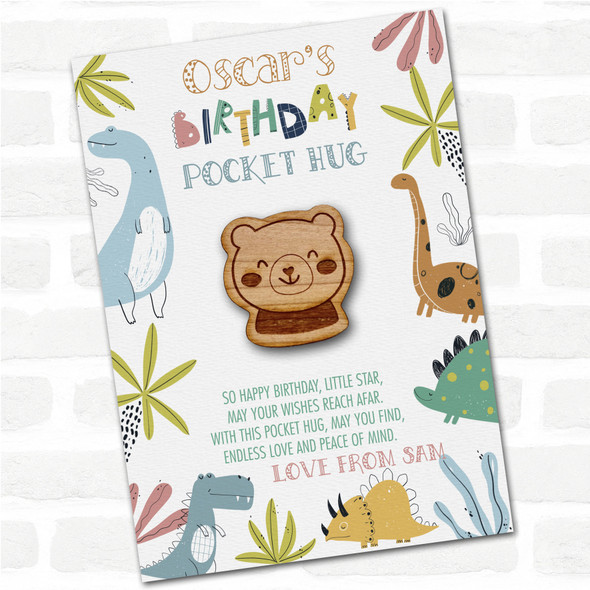 Teddy Bear Face Kid's Boys Birthday Dinosaur Personalised Gift Pocket Hug