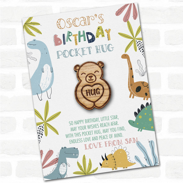 Smiling Cute Bear Kid's Boys Birthday Dinosaur Personalised Gift Pocket Hug