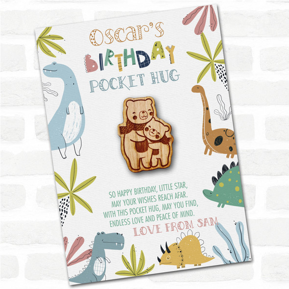 2 Bears In Scarves Cuddling Kid's Birthday Dinosaur Personalised Gift Pocket Hug