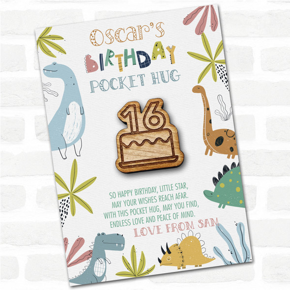 Cake 16 Candles Birthday Kid's Birthday Dinosaur Personalised Gift Pocket Hug