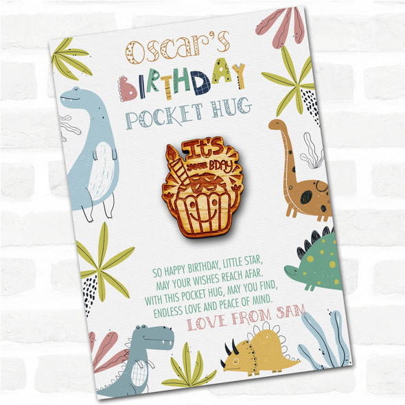 Cute Birthday Cupcake Face Kid's Birthday Dinosaur Personalised Gift Pocket Hug