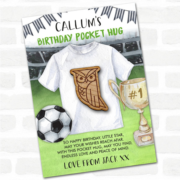 Owl Looking To The Side Kid's Birthday Football Personalised Gift Pocket Hug